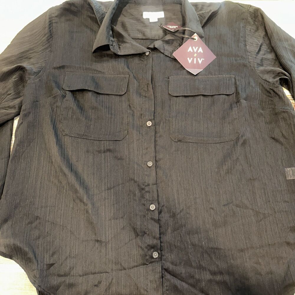 Women's Long Sleeve Chiffon Button-Down Shirt - Ava & Viv Black XXL. NWT. C